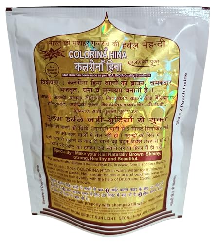Image of Colorina Hina Gujrati Herbal Henna Powder, Natural Brown 6.2, 50g (Pack of 5) | Colors Hair not Skin