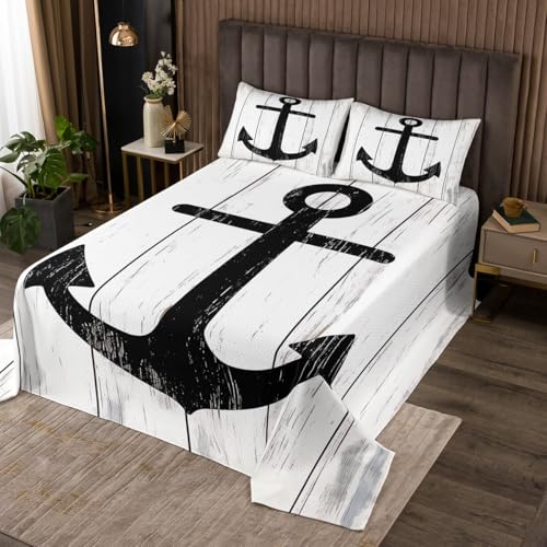 Erosebridal Anchor Coverlet Set Grunge Marine Ornament Bedspread for Kids Child,Weathered Rustic Wooden Planks Bedding Set Nautical Theme Print Quilt Set Balck and White Vintage Graphic Queen Size