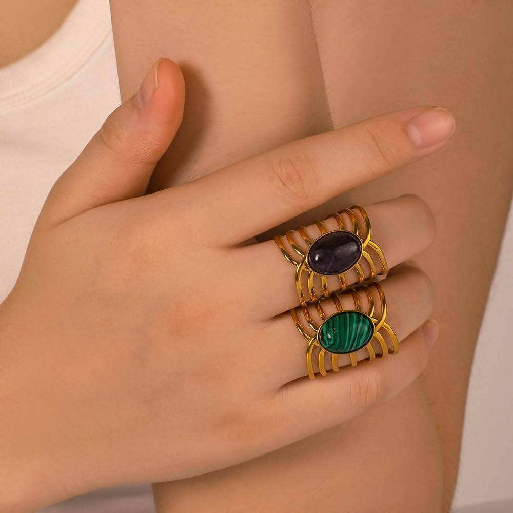 Tiger's Eye Layered Adjustable Chunky Ring,Oval Cut Natural Stone 18K Gold Plated Wide Band Openwork Statement Ring, Cocktail Party Ring Christmas New Year Gift for Women - Image 5