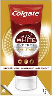 ColgateMax White Expert + Anti-Stain Teeth Whitening toothpaste 75ml - Advanced Stain Removal Technology - Helps Prevent Future Stains - Enamel Safe For Daily Use