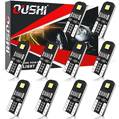 T10 LED Bulb, OUSHI Canbus Error Free W5W 501 194 168 2825 High Power 3030 Chipsets 12V Replacement Bulb for Car Interior Dome Map Door Courtesy License Plate Light, 6500K Xenon White(Pack of 10) Cover