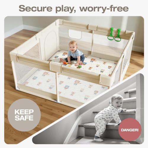 Image of ZEEBABA Baby Playpen with Mat, 47x47in Beige for Babies & Toddlers