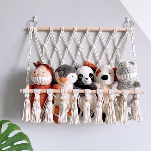 Image of Macrame Stuffed Animal Storage Hammock with Wooden Holder, Boho Stuffed Storage Organizer Net, Hanging Stuffed Animal for Net Nursery Wall Decor
