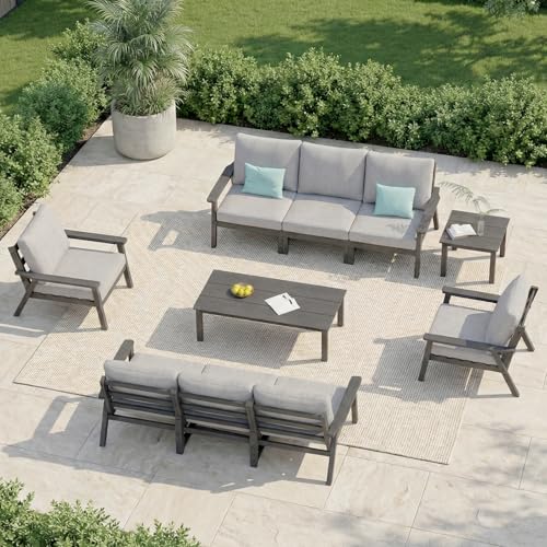 Image of LOUNZY HDPE Patio Conversation Set, 3 pcs Sectional Outdoor Furniture Set, All Weather Outdoor Couch Set Patio Furniture Set for Deck, Lawn, Grey