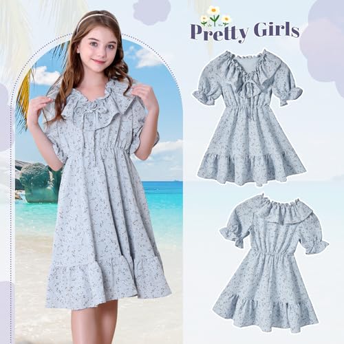 Girls Dresses Short Sleeve Floral Dress Kids Casual Boho Dress V Neck Ruffle Smocked High Waist Midi Outfit3