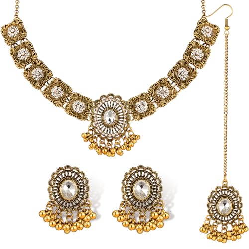 Quelay 3 Pcs Indian Jewelry Set for Women Navratri Maang Tikka Headpiece Traditional Indian Head Jewelry Rhinestone Forehead Chain Necklace Earrings for Wedding Garba Party Gifts(Classic Gloden)