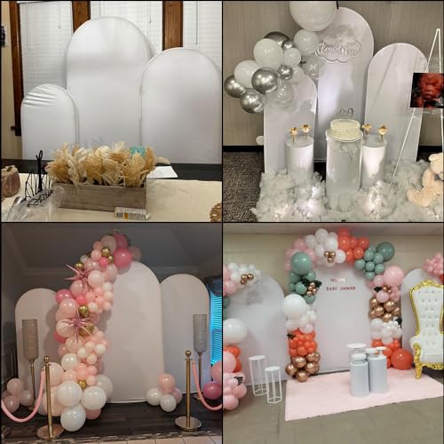 Image of Wedding Arch Backdrop Stand and Cover Set of 6, Backdrop Arch Cover Set | 7.2FT /6.6FT /5.9FT Metal Arch Stand With White Spandex Cover for Wedding Baby Shower Graduation Event Birthday Backdrop