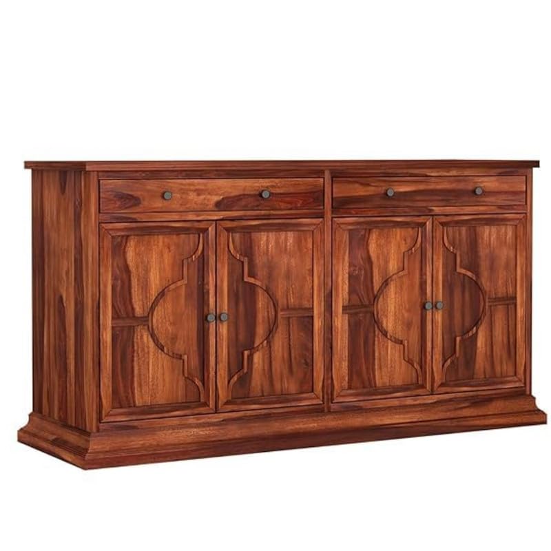 Image of SHIKHA WOOD CRAFT Solid Sheesham Wood Sideboard Cabinet with 4 Doors and 2 Drawers Storage | Wooden Kitchen Cabinet, Crockery Unit, Dining Room Organizer, Living Room Storage Furniture (Honey Finish)