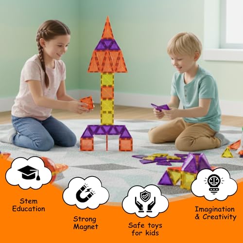 Image of TOYTASTIC Magnetic Tiles Building Blocks for Kids Preschool Educational Magnetic Construction Toys for Creative Learning & Brain Development Safe STEM Toy for Toddlers Age 3-8 Years (40 Pieces)