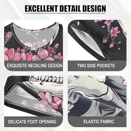 ALAZA Skull and Cherry Flowers Pajama Set Short Sleeve Sleepwear Soft Lounge Nightwear4