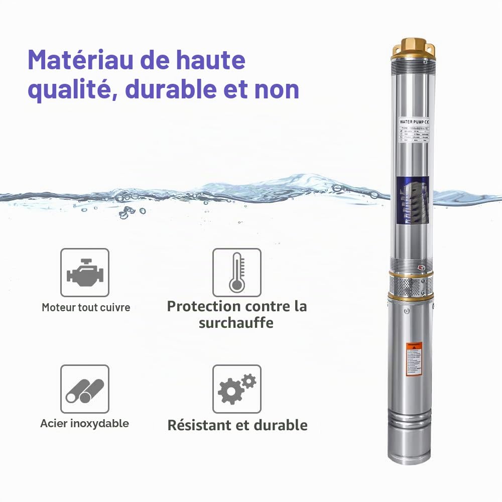 Sonnewelt Pompe de puits profonds, 370 W, 4000 l/h avec câble de 20 m, pompe à eau pression 3,4 bar, hauteur de refoulement max. 34 m, pompe submersible en acier inoxydable