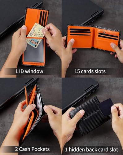 Image of Swallowmall Wallet for Men RFID Blocking Genuine Leather Mens Wallets Bifold with 1 ID Window 15 Card Slots black stripe orange