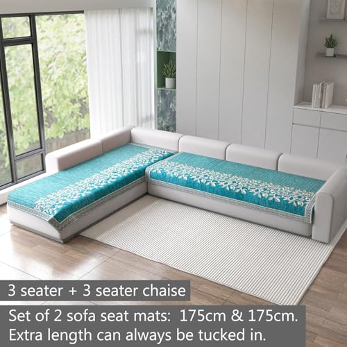Image of Nendle Superior Velvet Floral Sofa Mat 6 Seater Set Cover Durable Protector for Living Room Sofa Set 3+3, Suitable for L Shape, Sectional and U Shape Sofa (Aqua, Pack of 2)
