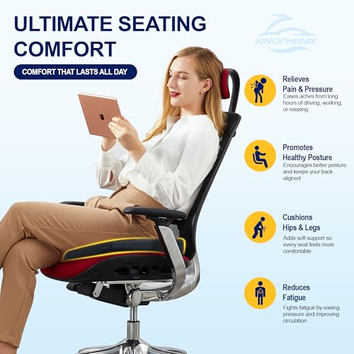 Image of kingphenix Car Seat Cushion - Memory Foam Pad for Driving Comfort - Boosts Height and Relieves Coccyx & Lower Back Pain - Car, Truck, Office Chair (Leather & 4D Mesh Black)
