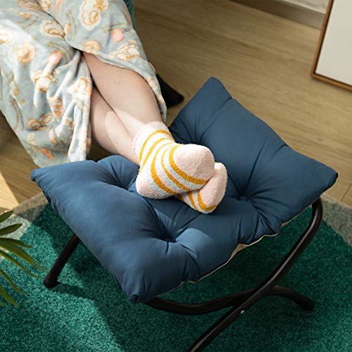 Abocofur Modern Folding Footrest Stool, Small Accent Portable Ottoman, Comfortable Metal Cotton Anti-Slip Footstool, (L) 18.5" X(W) 14.17" X(H) 14.18", Navy Blue #TOP1