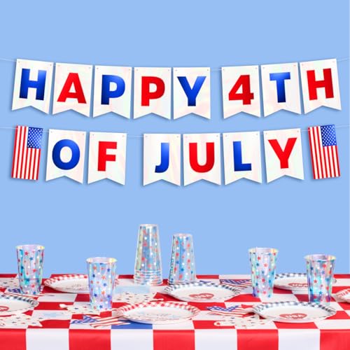 Image of xo, Fetti Happy Fourth of July Foil Flag Banner - 5 Ft., Foil | USA Party Favors, American Flag Party Supplies, 4th of July Decorations, Stars and Stripes Decor, Red White and Blue Merica Decor, Patriotic Photobooth Backdrop