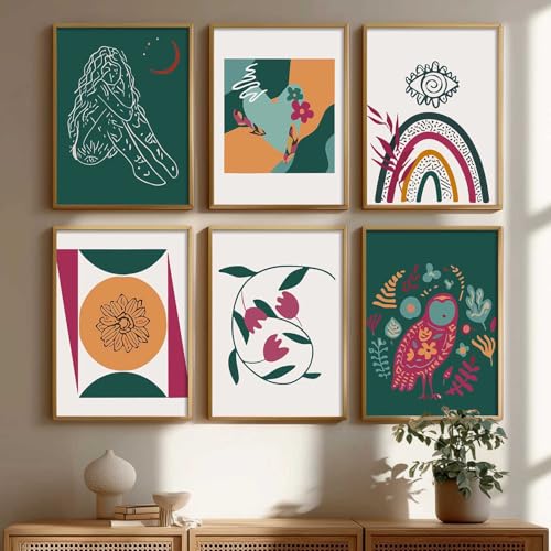 Image of kotart Boho Theme wall art for home decor, living room, bed room | Poster with frames wall hanging paintings | Boho digital wall art - (Pack of 6 Multicolor) (10x13 inch, H)