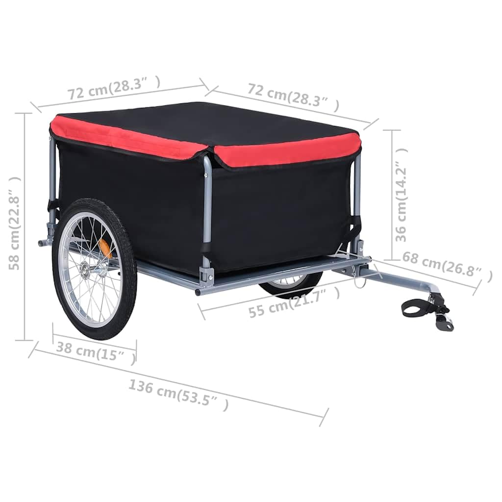 Remorque de vélo avec charge de 65 kg pour transport de charges, cadre en acier, espace de chargement amovible, timon pliable, housse imperméable, noir et rouge