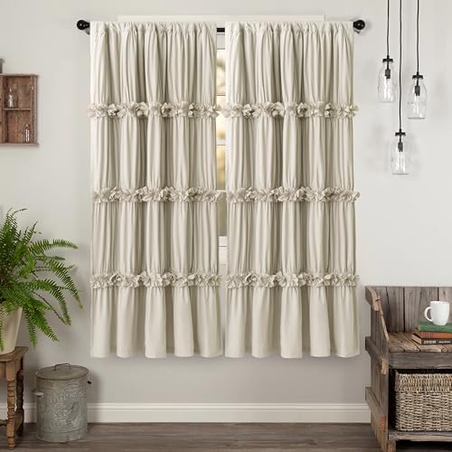 HIG Juego de 2 cortinas con cinta fruncidora - 175 x 140 cm (alto x ancho) - Cortinas opacas románticas con lazos hechos a mano para salón o dormitorio, color beige oscuro