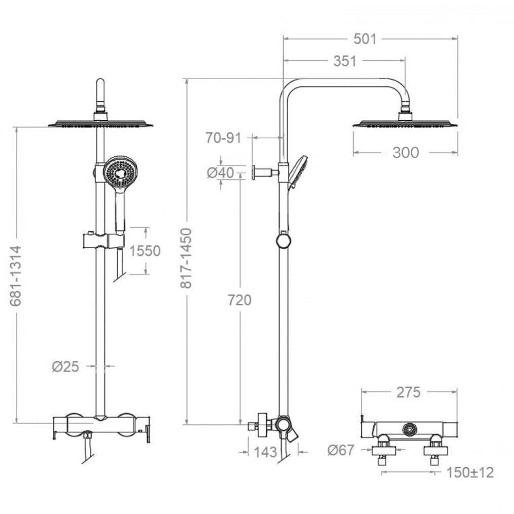 Ramon Soler Blautherm. Columna de Ducha con Grifo Monomando y Barra Telescópica. Set de Ducha con Sistema S2 de Ahorro de Agua y Acabado Cromado de Gran Resistencia