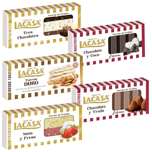 Pack Surtido 5 Turrones Lacasa:Chocolate y Coco, Cacao y Trufa, Nata y Fresa, Tres Chocolates, Duro
