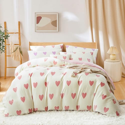 Covebett Flanell Bettwäsche 140x200 Weiß mit Rosa Herzen Winter Warm...