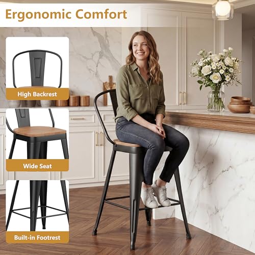 Juego de 4 butacos industriales Yongchuang de altura para barra, estructura metálica negra y asiento de madera laminada con respaldo alto miniatura 5