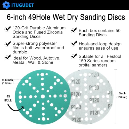 Image of 6 Inch 49 Hole Wet Dry P120 Grit Sanding Discs - 50 Pack Box | Fits Festool ETS / RO 150 Sanders, Zirconia Heavy-Duty Hook & Loop Film Sandpaper for Wood, Auto, Metal, Paint, Body & More