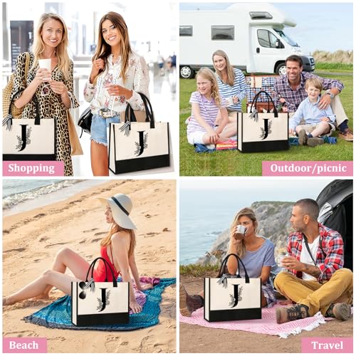 Image of Tecanne Personalized Initial Canvas Tote Bag, Suitable for Birthday, Wedding, Beach, Holiday, Gifts for Women, Mom, Teachers, Nurses, Best Friends, Bridesmaids (J)