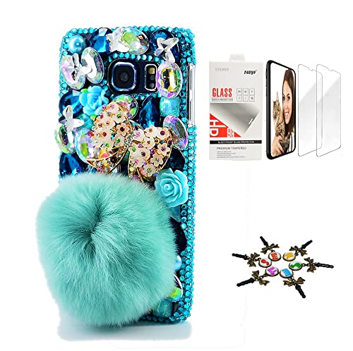 STENES Sparkle Case Compatible with Samsung Galaxy A42 5G Case - Stylish - 3D Handmade Bling Polka Dots Bowknot Rabbit Villus Flowers Cover Case with Screen Protector [2 Pack] - Blue