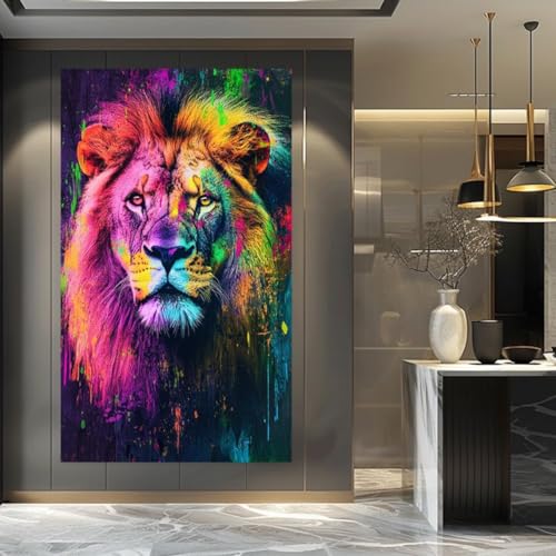 Impression décorative jungle moderne lion coloré pour réveiller un mur blanc vide