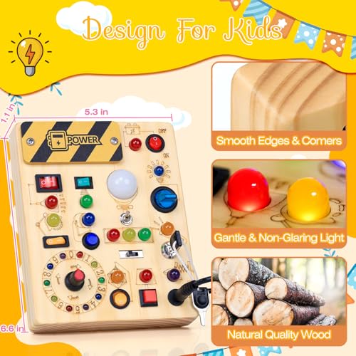 RichBoy Busy Board for 1-3 Year Old, 37 in 1 LED Light Up Wooden Sensory Montessori Switch Board Toy for Toddlers Travel Gift (6.7" x 5.3") - Image 5