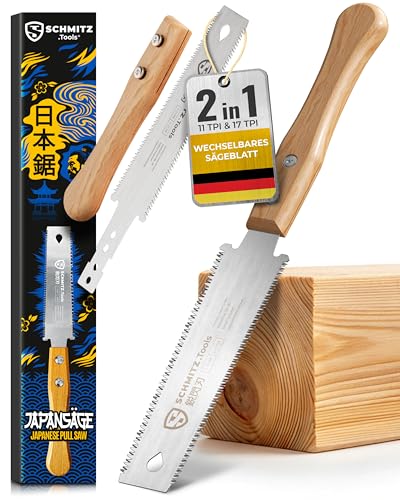 SCHMITZ.Tools Japansäge Handsäge Holz - Japanische Zugsäge - Extrem scharf, Doppelseitig 11/17 TPI - Japan Säge - Glatte & kontrollierte Schnitte - Japanese Saw – Japansäge Klein - Heller Griff