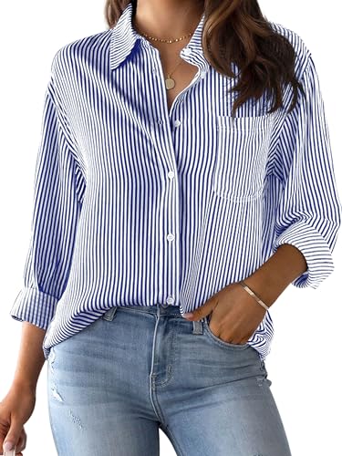 CUNLIN Women's Striped Long Sleeve Button Down Shirt Navy Blue Size L