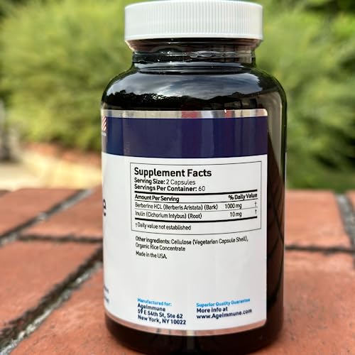 Ageimmune Berberine Hcl 1000Mg Supplement Complex With Inulin For Best Absorption. Each Capsule Has 500Mg Of Berberine. Magnesium Stearate Free Herbal Supplements. (120 Capsules) #TOP4