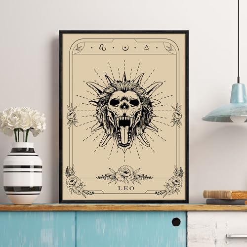 SERIMINO Witchy Framed Wall Art, Leo Tarot Canvas Prints Paintings, Horoscope Dark Academia Home Decor Aesthetic, 12X16inch Gothic Wall Decor for Room