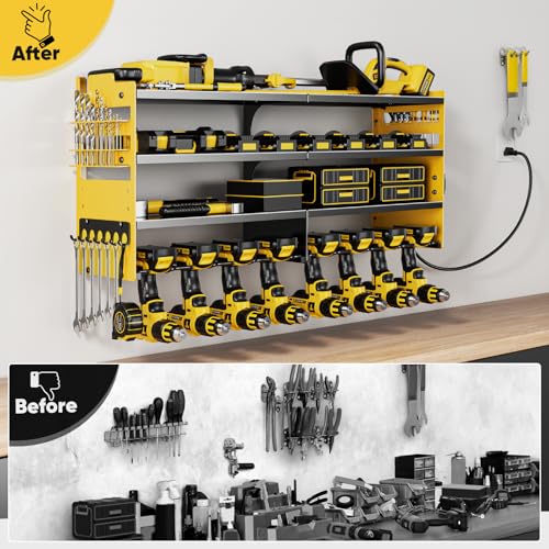 Image of POKIPO Large Power Tool Organizer Wall Mount with Charging Station,4 Layer Heavy Duty Metal Storage Rack Loads 600lbs with 8 Cordless Drill Holder,Battery Utility Rack Gift for Garage workshops Room
