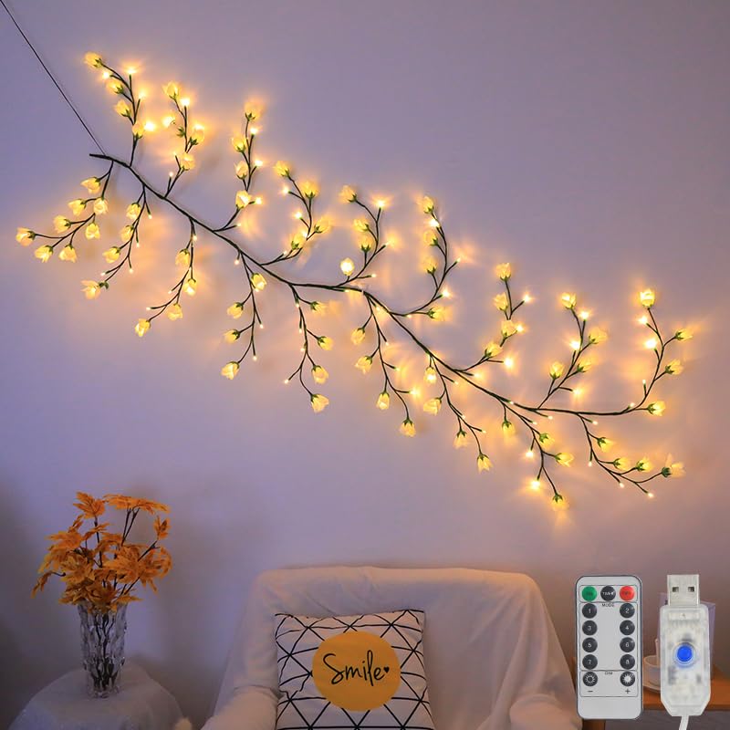 Kirschblüten Willow Vine Wand Deko - 144 LEDs Lichterkette Wanddeko mit Fernbedienung, 8 Modi, Timer, Weidenrebe Baum Lichter für Schlafzimmer Deko Weinachtsdekorationen (Maiglöckchen 144 LEDs)