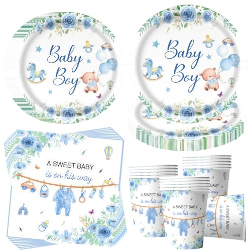 OMZSXK Louça para festa de bebé para 16 convidados, prato de festa para Baby Shower its a Boy, louça decorativa para festa de bebé, pratos de papel, guardanapos, decorações para chá de bebé
