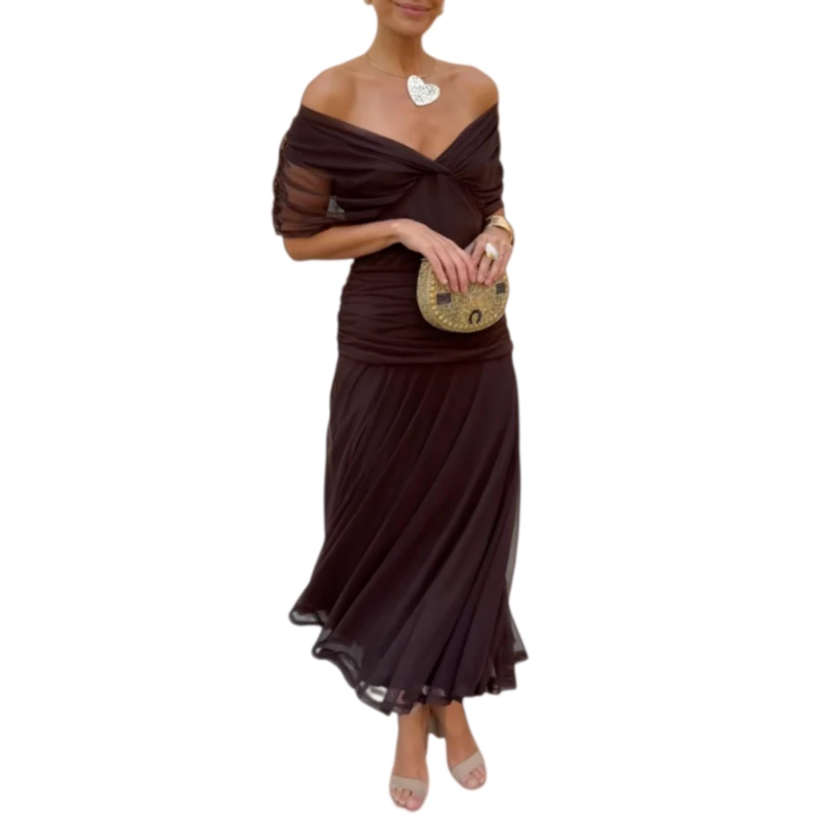 Vestito Donna Stile Francese Mesh Midi Abito V Collo Fuori Spalla Stampato Impiccato Elegante per Le Vacanze, Festa-Green-l