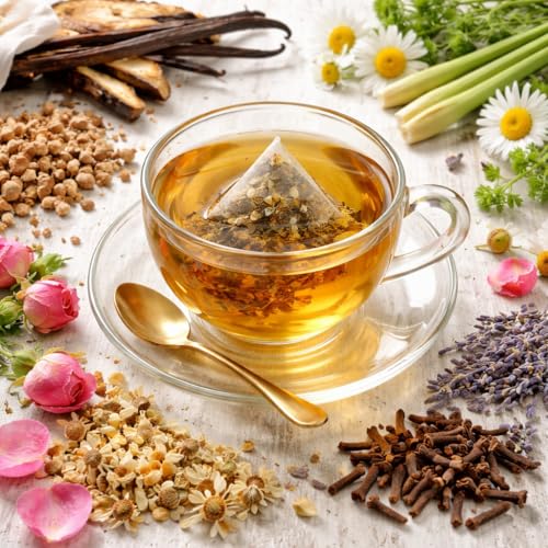 Image of Sancha Tea Boutique Valerian Root Herbal infusion Blend |Imported Valerian for Stress Relief & Better Sleep | With Vanilla,Chamomile, Rose, Lemongrass, Lavender & Cloves| 25 Pyramid Tea Bags |Caffeine Free