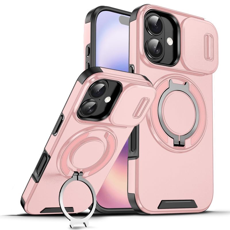 Image of LuxuryKase Shockproof Rugged Case for iPhone 17 | Slide Camera Cover | 360 Rotating Ring Kickstand | Military-Grade Protection - Rose Pink