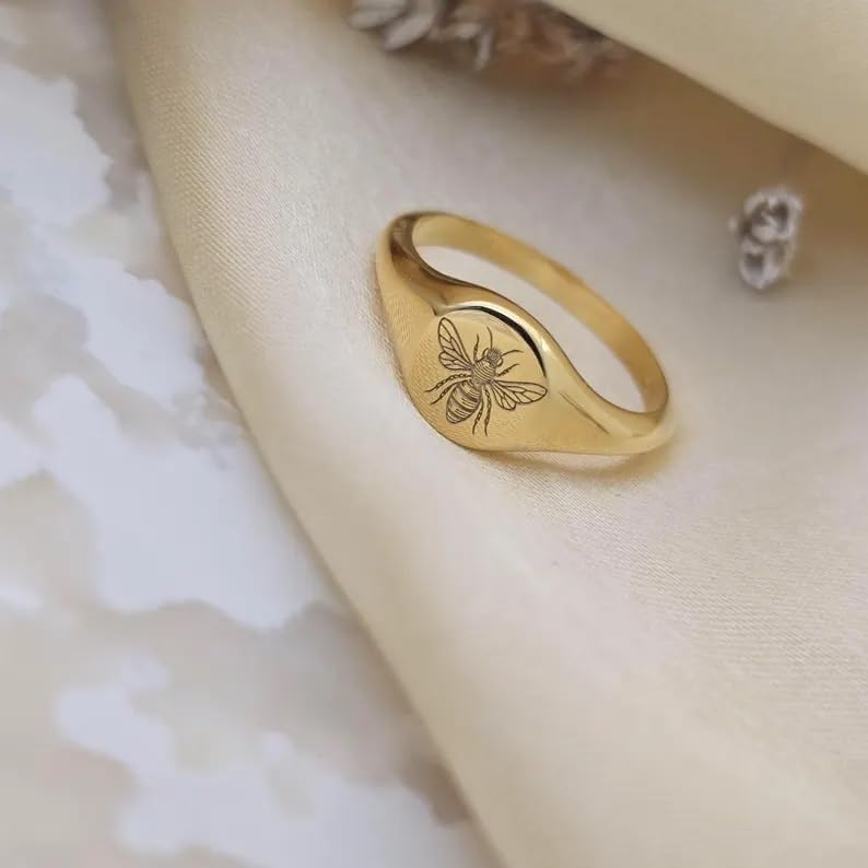 14K Gold Filled Bee Ring, Pinky Signet Ring, Honey band, Unique Gift for Her, Sterling Silver Bee Ring, Birthday Gift,