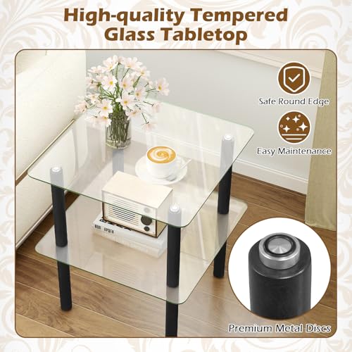 Image of GIANTEX Square End Table, 2-Tier Sofa Side Table with Clear Tempered Glass Top & Shelf, Small Accent Table with Solid Rubber Wood Legs for Living Room Bedroom Home Office (Black & Clear)