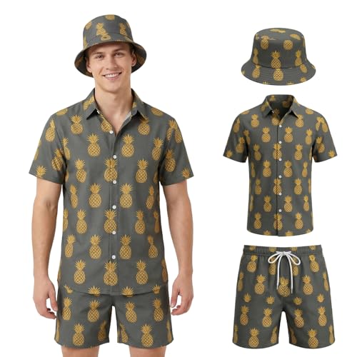 Joyesplay Hawaii Hemd Männer 3 Pcs Hawaii Outfit Herren mit Flamingo Hemd Shorts Fischerhut Hawaii Hemden für Sommer Beach Hemd Poolparty (Ananas XL)