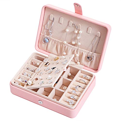LATIT Travel Jewelry Box Organizer Small Jewelry Storage Case PU Leather Compact Jewelry Case for Rings, Earrings, Necklaces,Gifts for Girls Women- Pink
