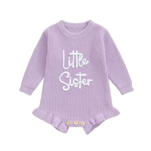 Image of GINEVSAL Newborn Girl Boy Winter Clothes Little Sister/Brother Knit Sweater Romper Long Sleeve Round Neck Bodysuit Shirt