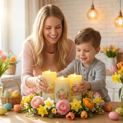 Image of Eywamage Fiber Optic Spring Flameless Candles with Remote, Flickering Easter LED Pillar Candles Battery Operated Set of 3