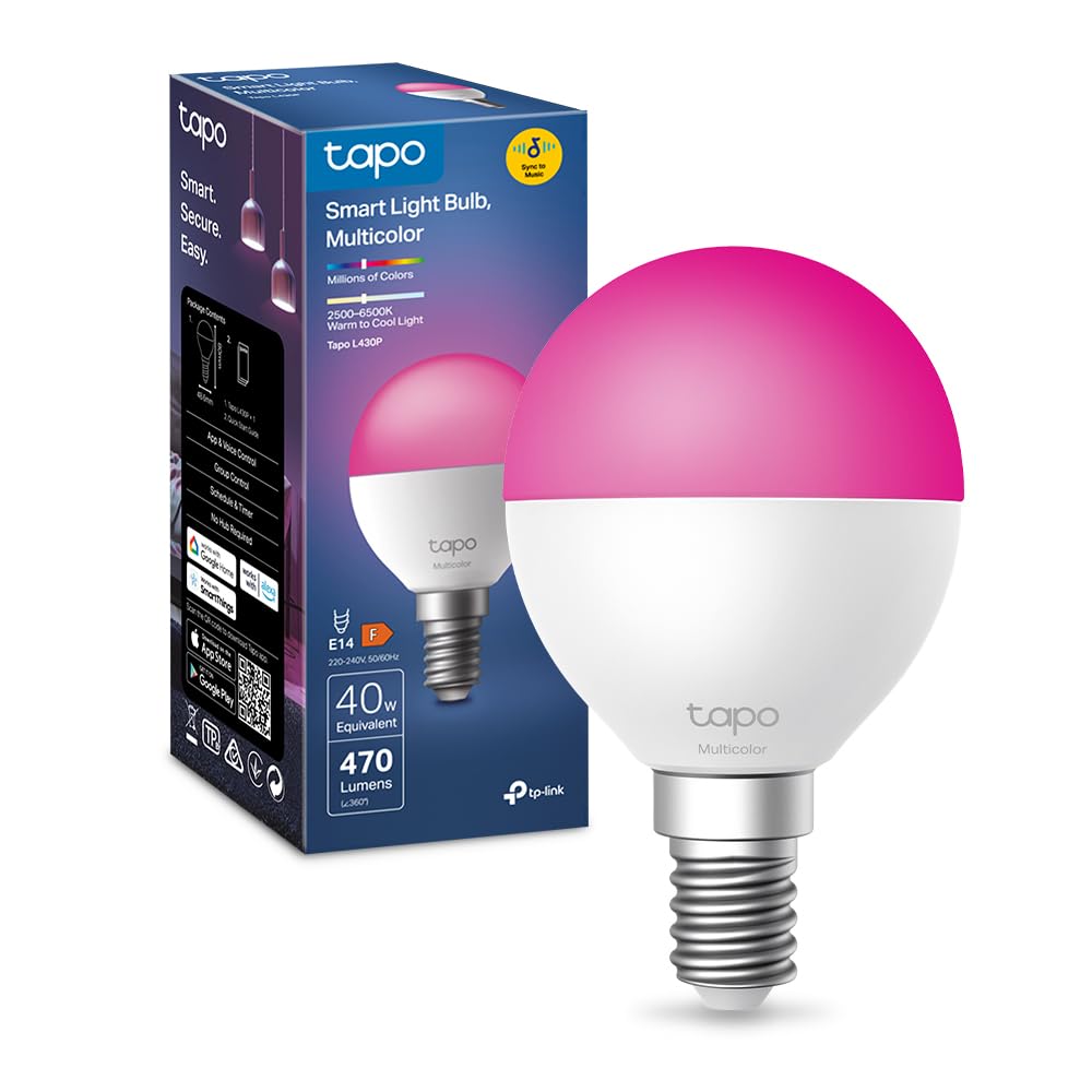 Tapo L430P Lampadina Alexa P45 Multicolore Lampadina Smart, Ultra-Dimmerabile, 2500-6500K, Sync Musica, Illuminazione Automatica del Bioritmo, Programazione & Timer, Controllo da App, Alexa e Google