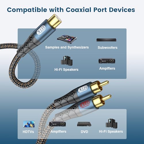 Image of EMK RCA Splitter 2 Male to Female Extension Cable Dual Shielding Gold Plated Nylon Braided RCA Splitter 1 Female to 2 Male Cord Adapter 1ft /30CM
